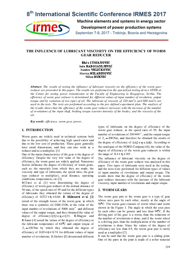 (PDF) THE INFLUENCE OF LUBRICANT VISCOSITY ON THE EFFICIENCY OF WORM ...