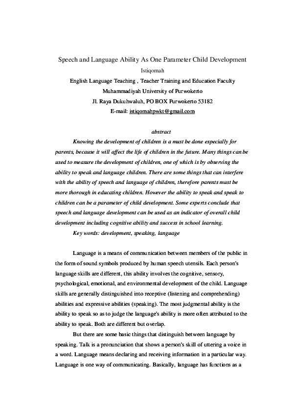(PDF) Speech and Language Ability As One Parameter Child Development