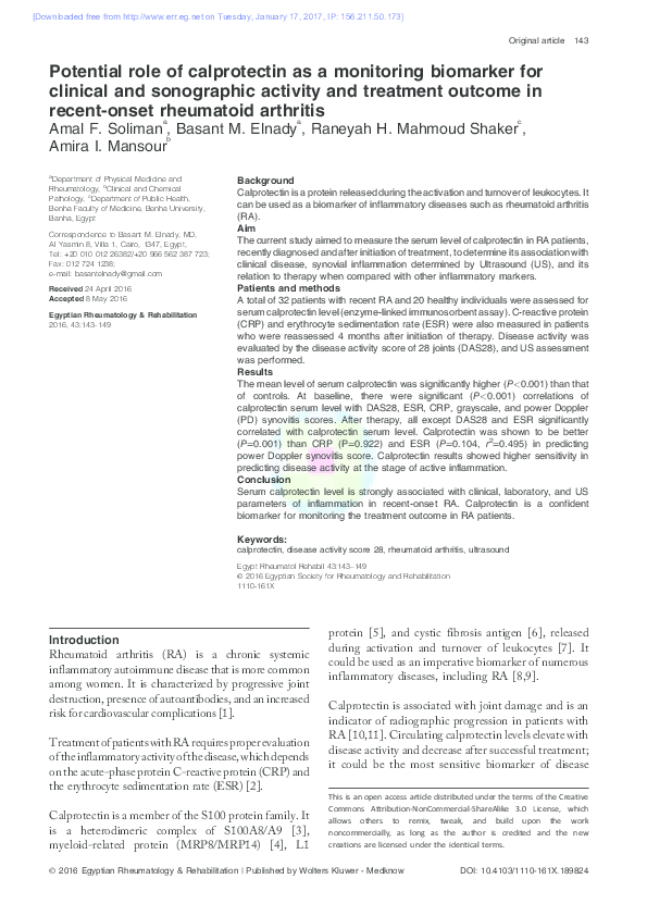 (PDF) Potential role of calprotectin as a monitoring biomarker for ...