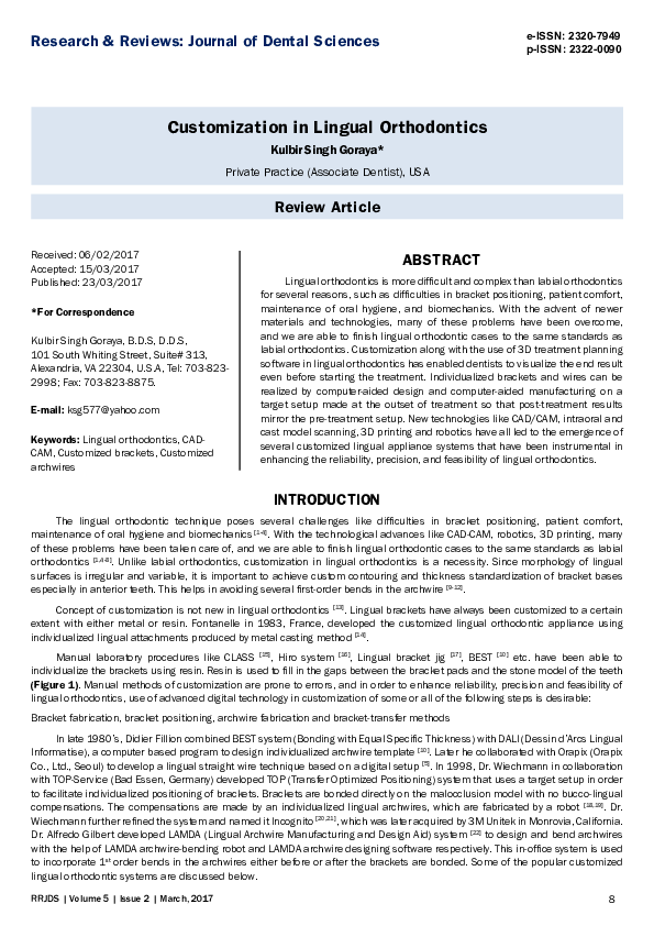 (PDF) Customization in Lingual Orthodontics Research & Reviews