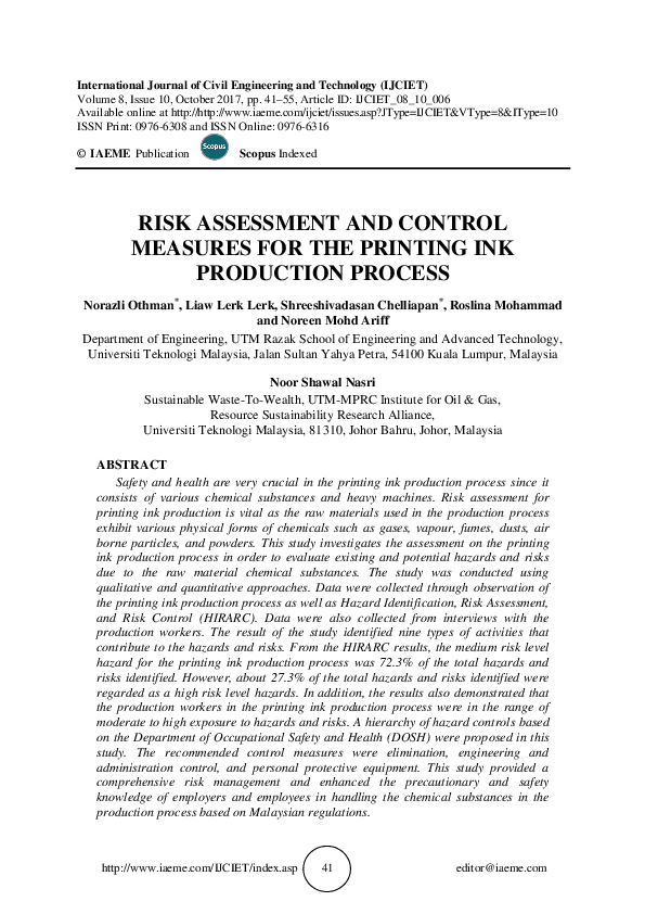 (PDF) RISK ASSESSMENT AND CONTROL MEASURES FOR THE PRINTING INK