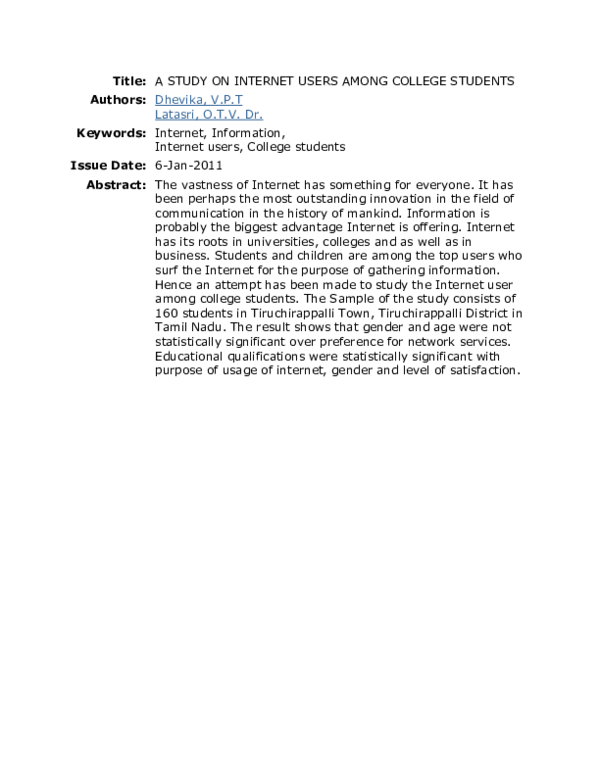 (DOC) A STUDY ON INTERNET USERS AMONG COLLEGE STUDENTS