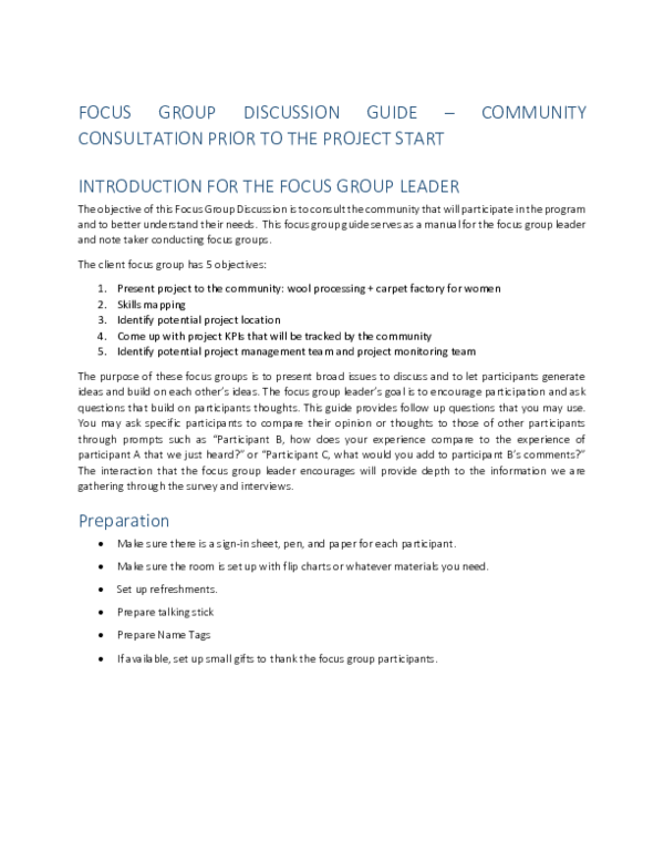 (DOC) Focus group discussion guide – Community consultation prior to ...