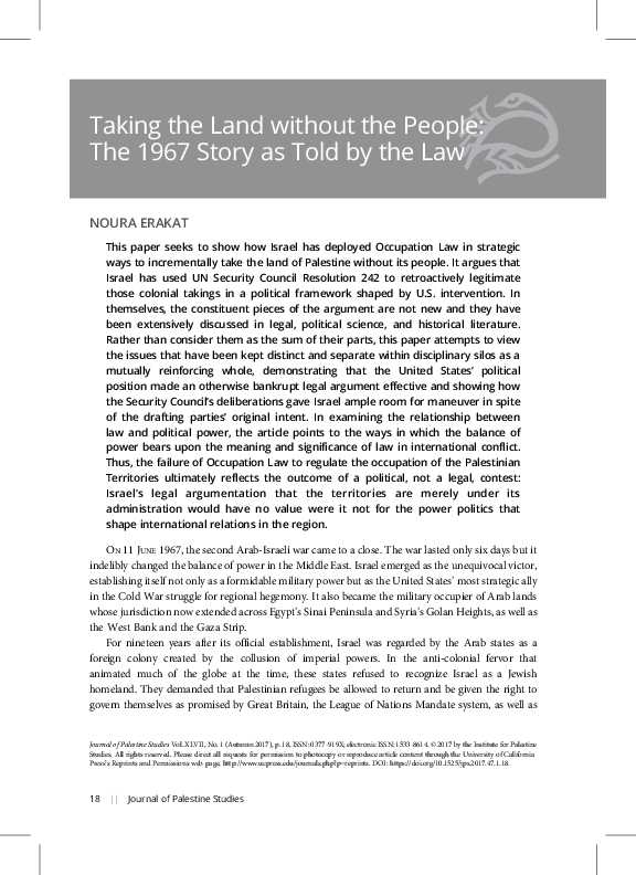 (PDF) Taking the Land Without the People The 1967 Story as Told by Law