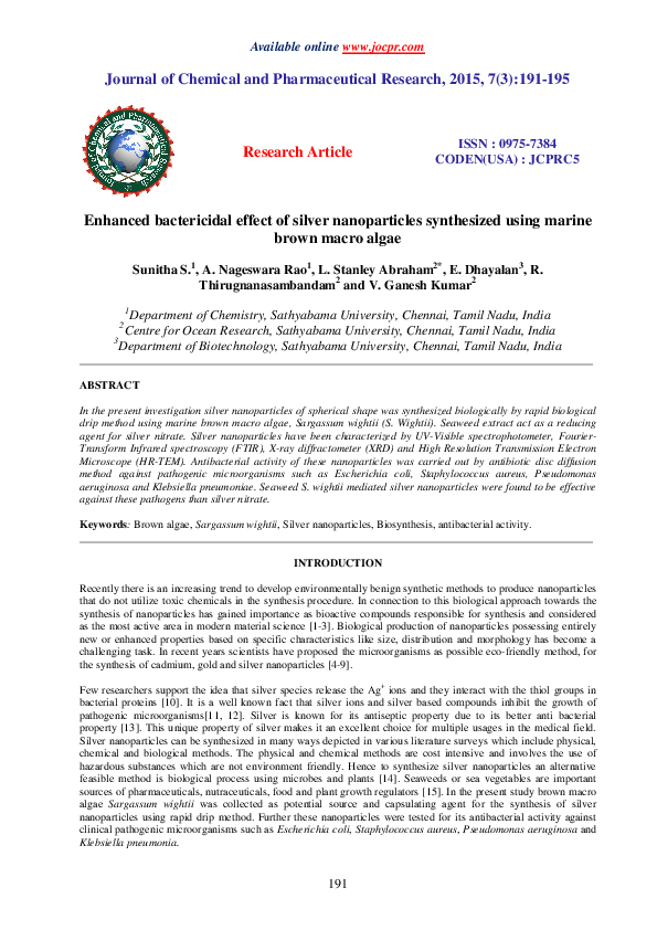 Image showcasing (PDF) Enhanced bactericidal effect of silver nanoparticles synthesized ...