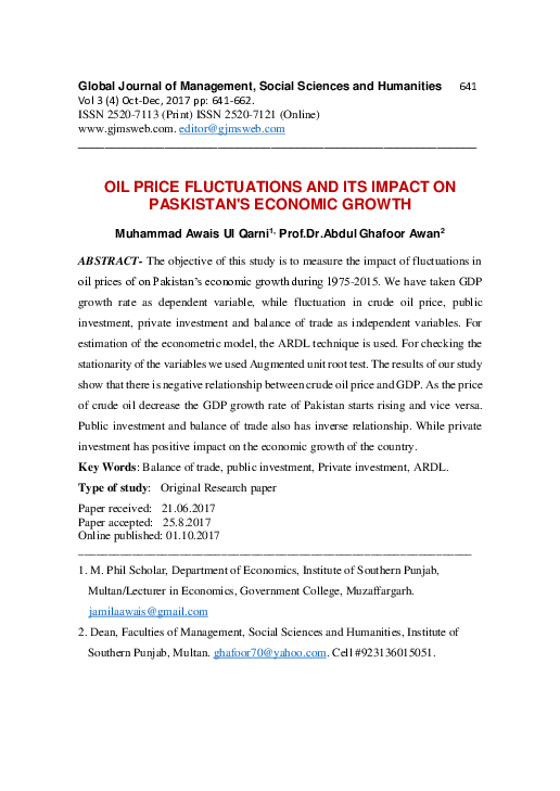 (PDF) OIL PRICE FLUCTUATIONS AND ITS IMPACT ON PASKISTAN'S ECONOMIC GROWTH