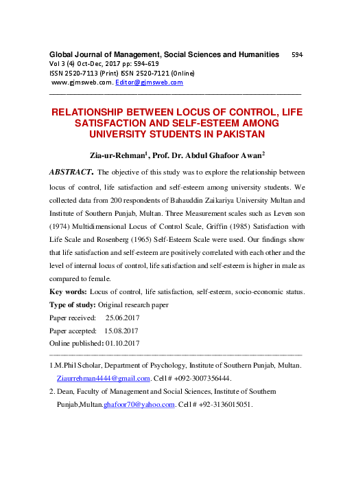 (PDF) RELATIONSHIP BETWEEN LOCUS OF CONTROL, LIFE SATISFACTION AND SELF ...