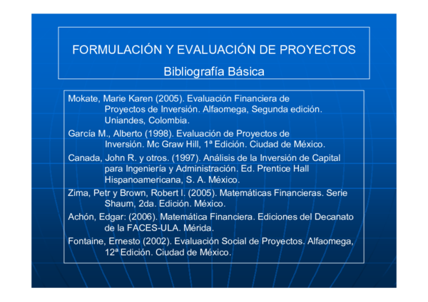 (PDF) FORMULACIÓN Y EVALUACIÓN DE PROYECTOS Bibliografía Básica