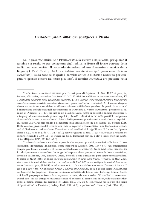 (PDF) Custodela (Most. 406) dai pontifices a Plauto Camilla Tosi