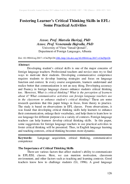 (PDF) Fostering Learner's Critical Thinking Skills in EFL: Some ...