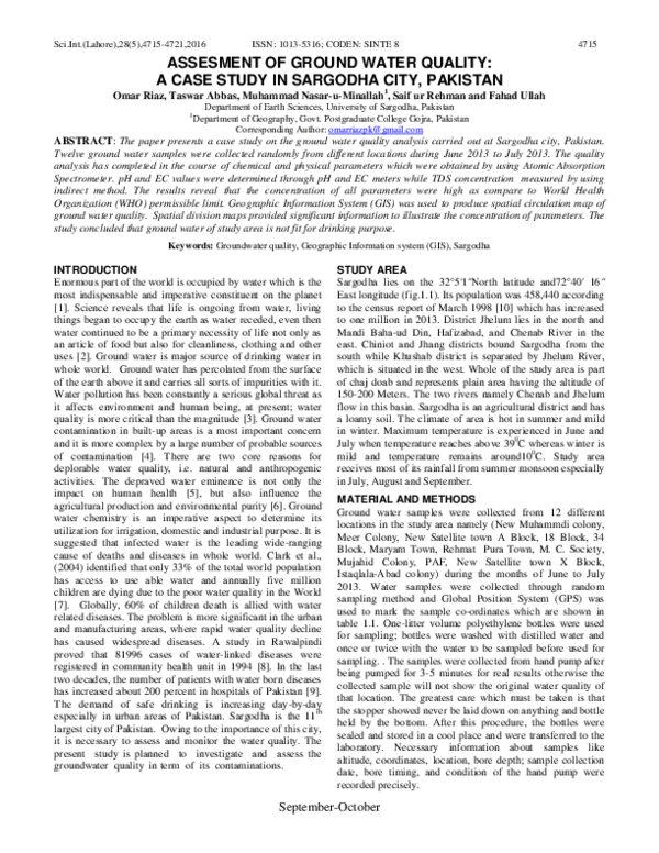 (PDF) ASSESMENT OF GROUND WATER QUALITY: A CASE STUDY IN SARGODHA CITY ...