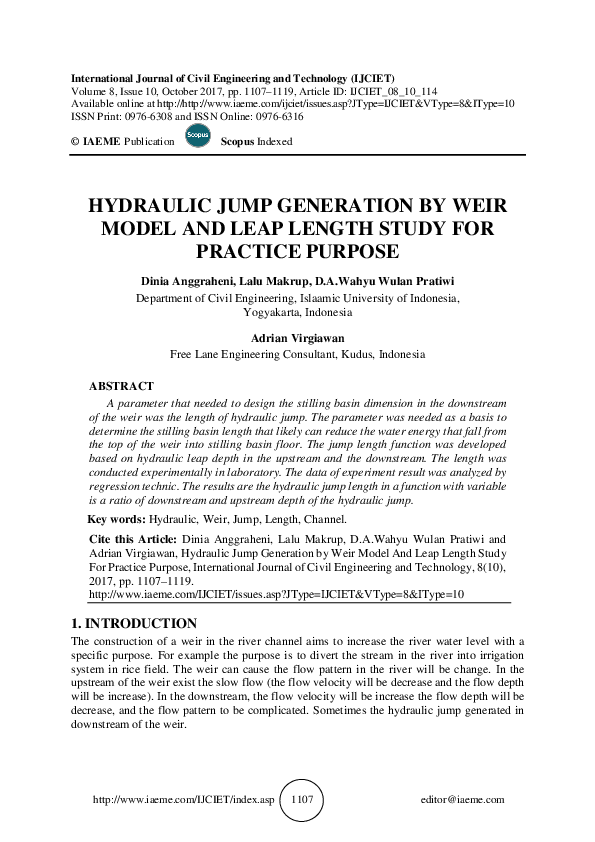 (PDF) HYDRAULIC JUMP GENERATION BY WEIR MODEL AND LEAP LENGTH STUDY FOR