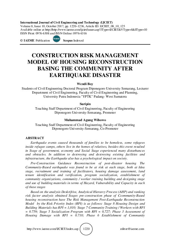 (PDF) CONSTRUCTION RISK MANAGEMENT MODEL OF HOUSING RECONSTRUCTION ...