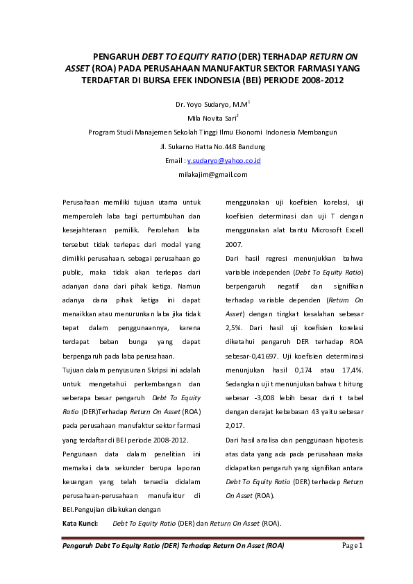 (PDF) Pengaruh Debt To Equity Ratio (DER) Terhadap Return On Asset (ROA ...