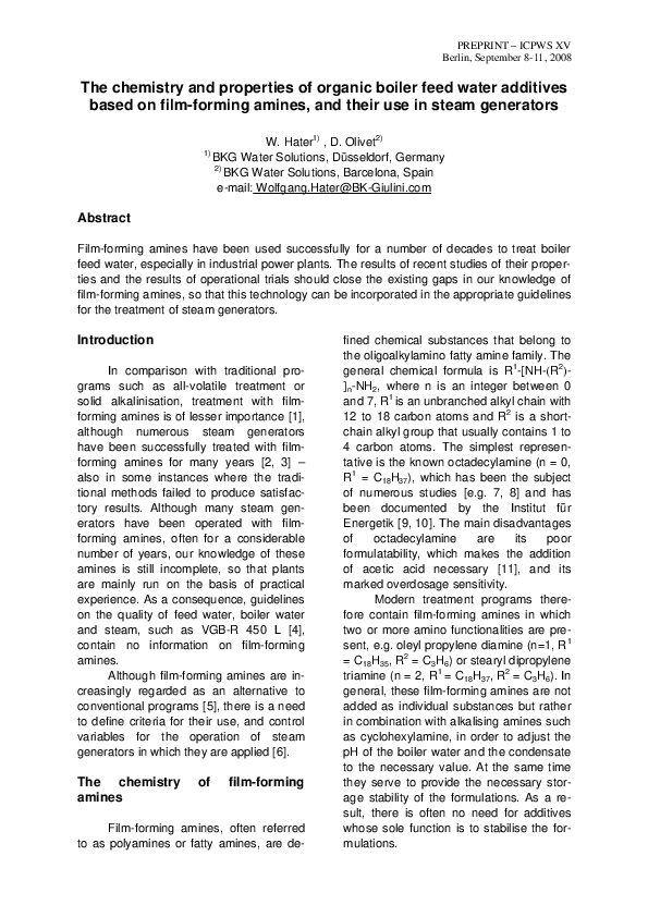 (PDF) The chemistry and properties of organic boiler feed water