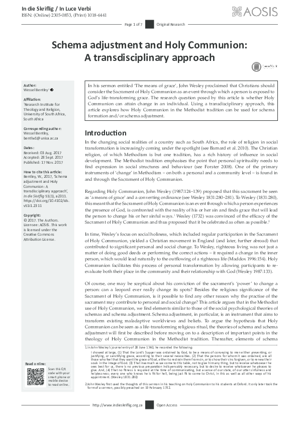 (PDF) Schema adjustment and Holy Communion: A transdisciplinary approach