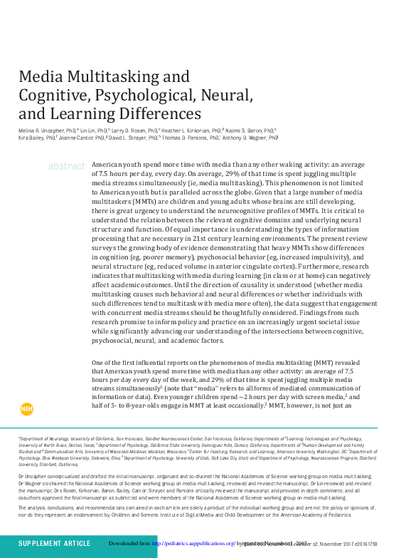 (PDF) Media Multitasking and Cognitive, Psychological, Neural, and ...