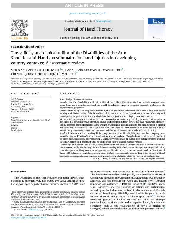 (PDF) The validity and clinical utility of the Disabilities of the Arm ...