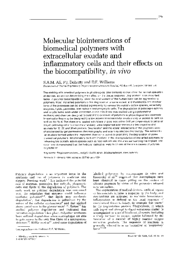 (PDF) Molecular biointeractions of biomedical polymers with ...