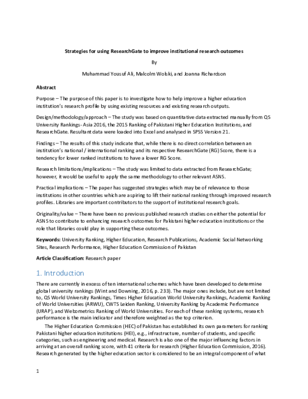 (DOC) Strategies for using ResearchGate to improve institutional ...