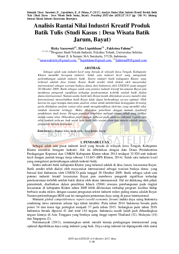 Pdf Analisis Rantai Nilai Industri Kreatif Produk Batik Tulis Studi Kasus Desa Wisata Batik Jarum Bayat Rizky Saraswati Academia Edu