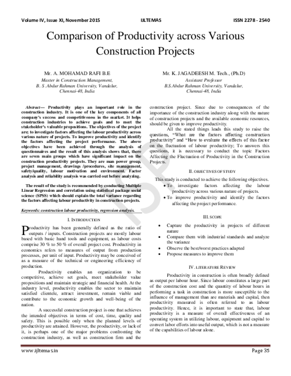 (PDF) Comparison of Productivity across Various Construction Projects