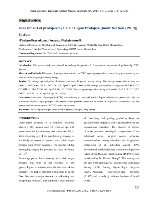 (PDF) Assessment of prolapse by Pelvic Organ Prolapse Quantification ...