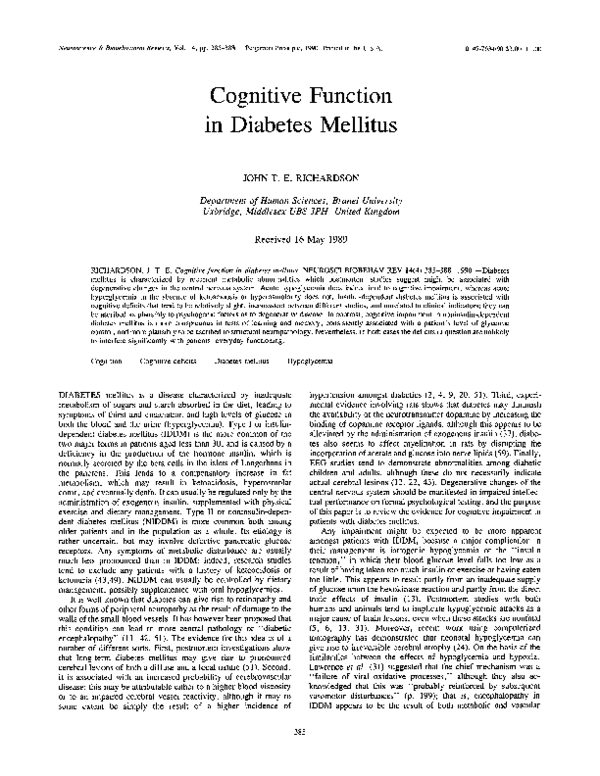 (PDF) Cognitive function in diabetes mellitus