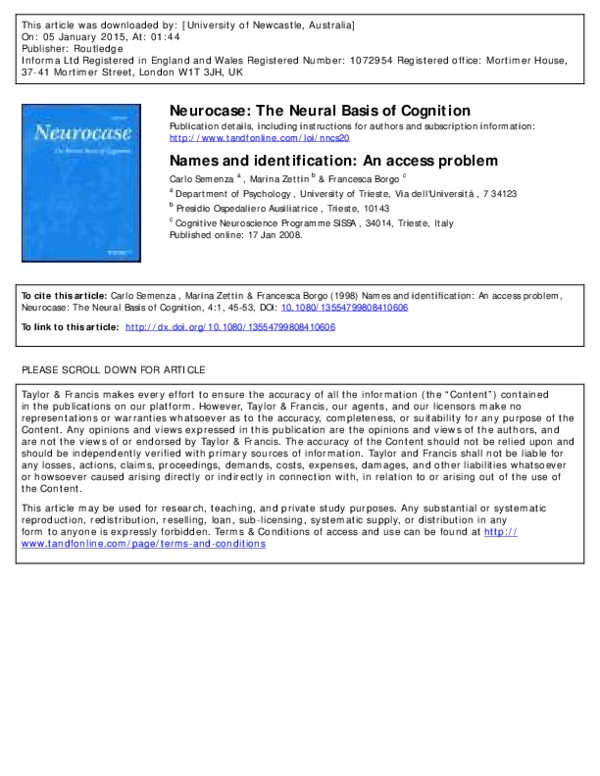 (PDF) Neurocase: The Neural Basis of Cognition Names and identification ...