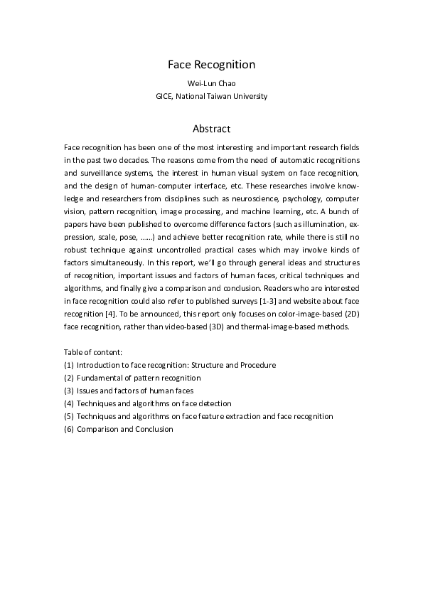 (PDF) Face Recognition sakthivel gunaseelan Academia.edu