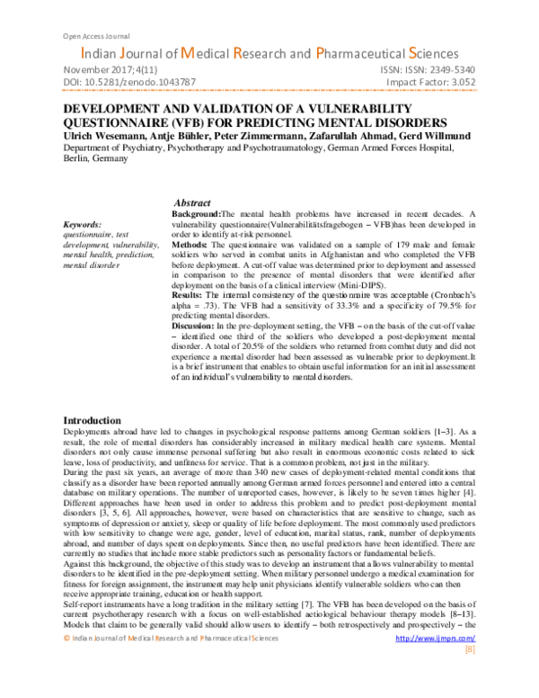 (PDF) DEVELOPMENT AND VALIDATION OF A VULNERABILITY QUESTIONNAIRE (VFB ...