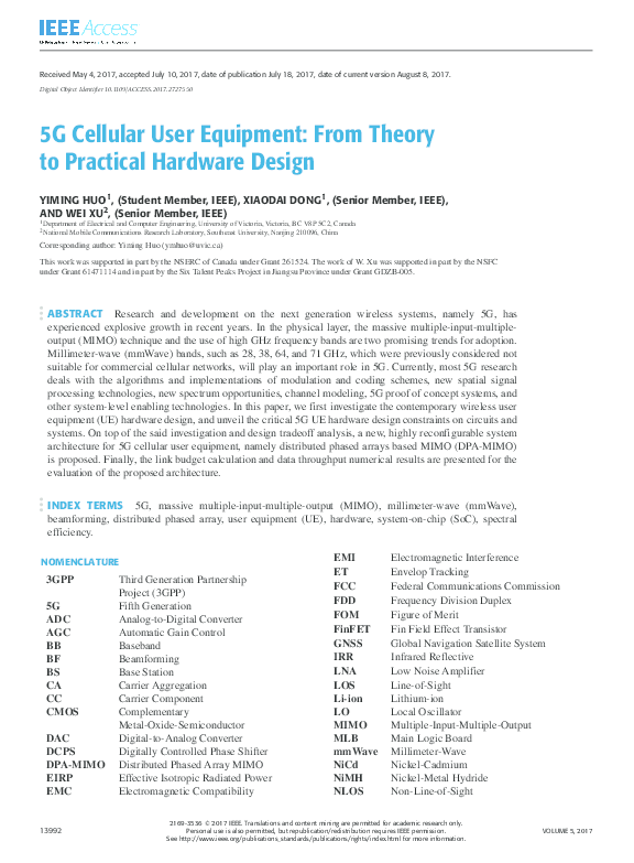 (PDF) 5G Cellular User Equipment: From Theory to Practical Hardware Design