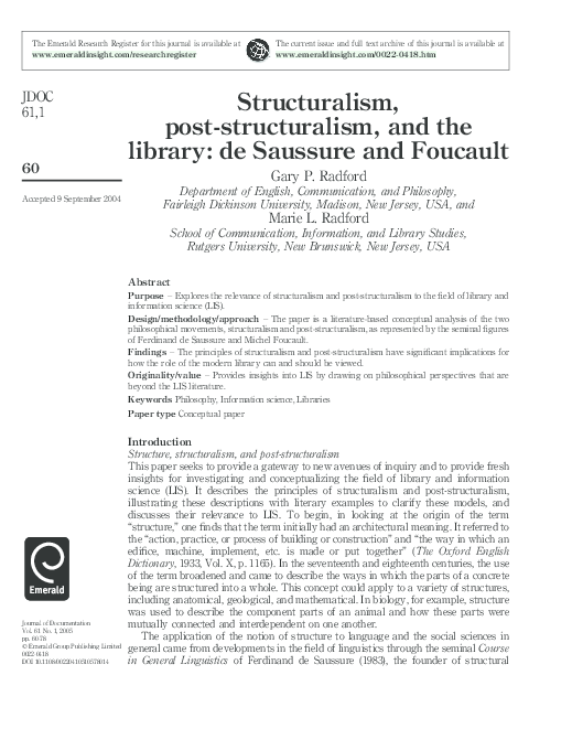 (PDF) Structuralism, poststructuralism, and the library de Saussure