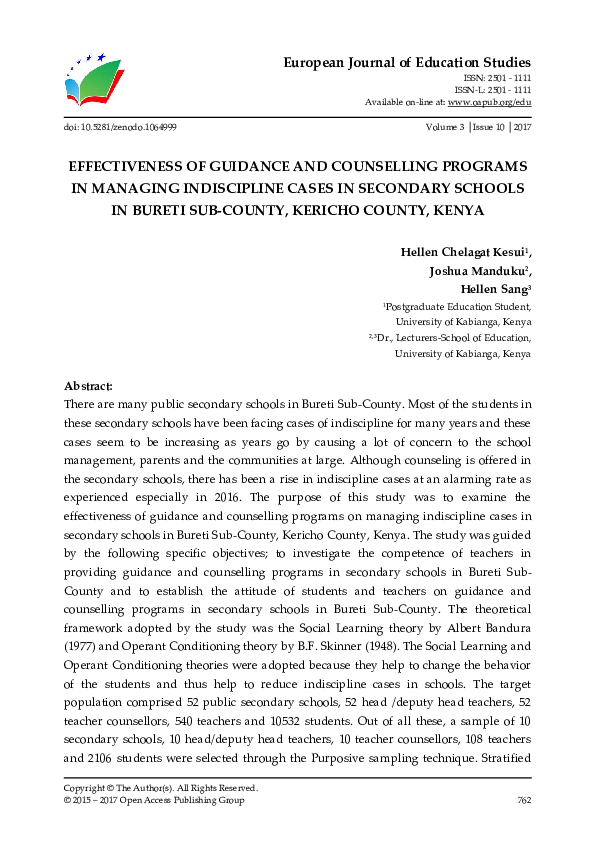 (PDF) EFFECTIVENESS OF GUIDANCE AND COUNSELLING PROGRAMS IN MANAGING ...