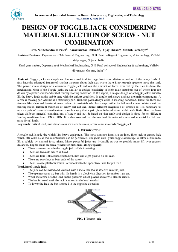 (PDF) DESIGN OF TOGGLE JACK CONSIDERING MATERIAL SELECTION OF SCERW