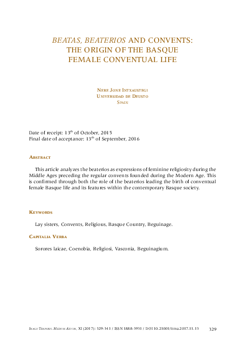 Beatas, beaterios and convents. The origin of the Basque female conventual life