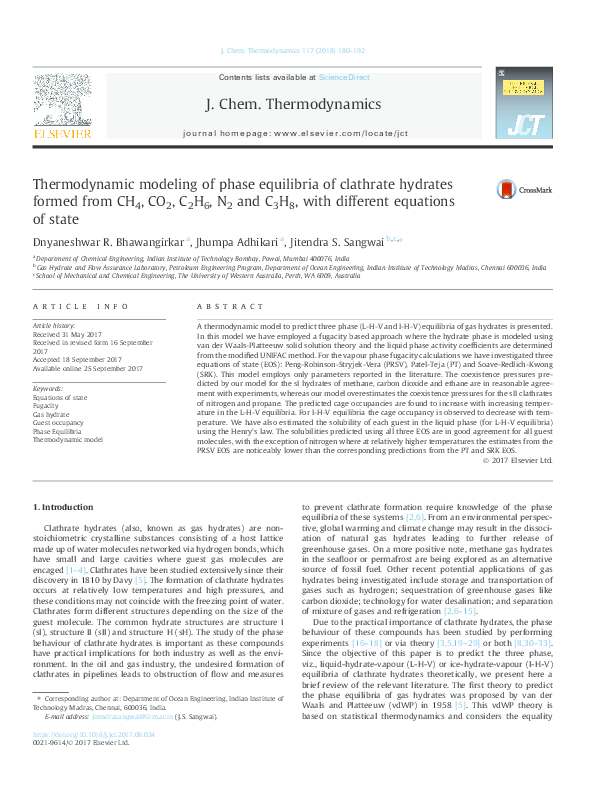 (PDF) Thermodynamic modeling of phase equilibria of clathrate hydrates ...