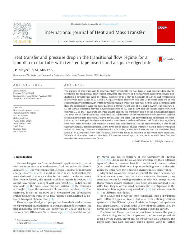 (PDF) Heat transfer and pressure drop in the transitional flow regime ...