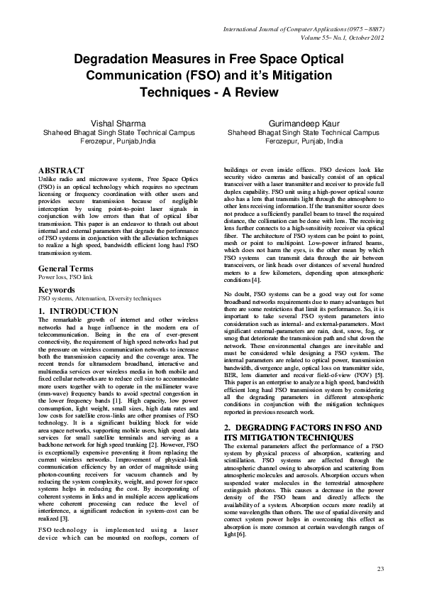 (PDF) Degradation Measures in Free Space Optical Communication (FSO
