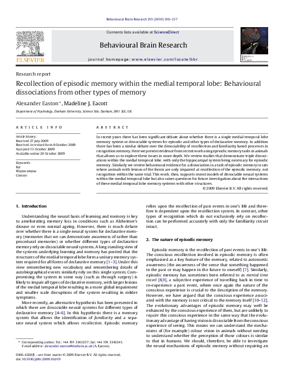 (PDF) Recollection of episodic memory within the medial temporal lobe ...