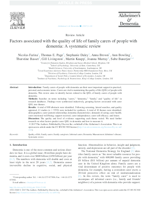 (PDF) Factors associated with the quality of life of family carers of ...