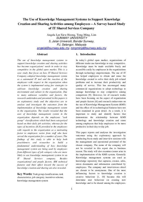 (PDF) The Use of Knowledge Management Systems to Support Knowledge ...