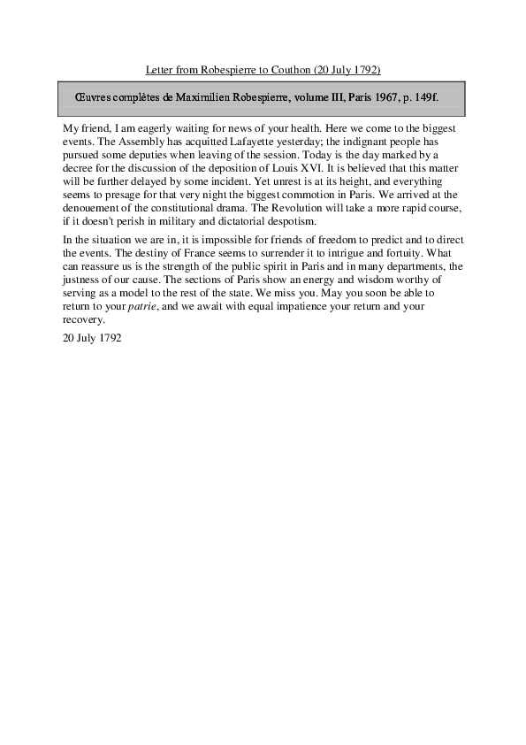 (PDF) Letter from Robespierre to Couthon (20 July 1792). Florian