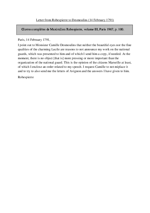 (PDF) Letter from Robespierre to Desmoulins (14 February 1791