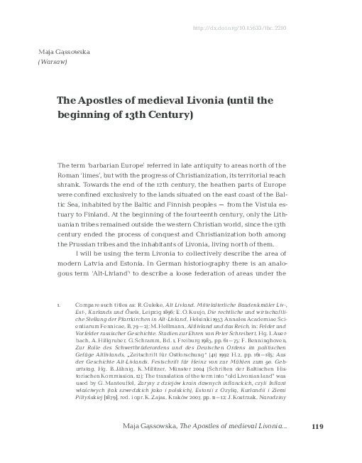 The Apostles of medieval Livonia (until the beginning of 13th Century)