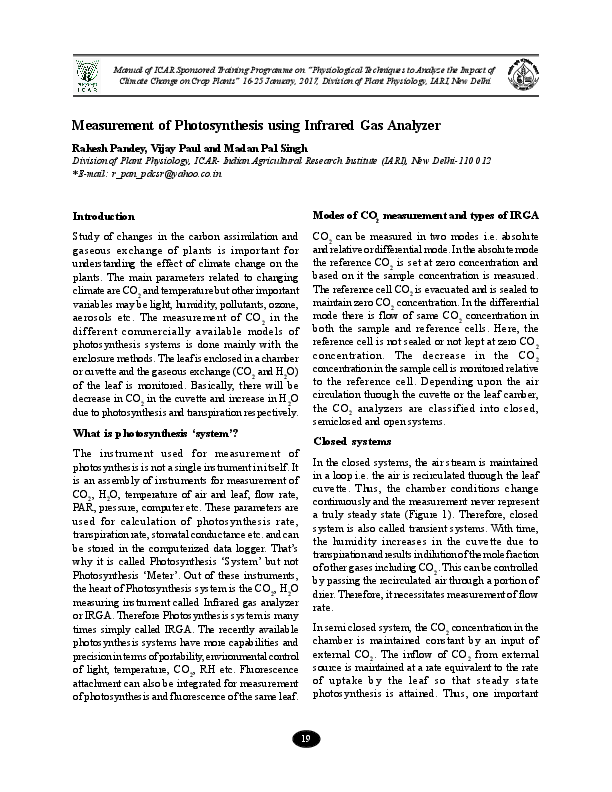 (PDF) Measurement of Photosynthesis using Infrared Gas Analyzer Vijay