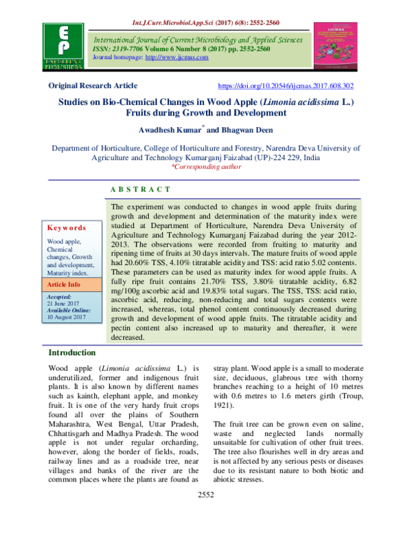 (PDF) Studies on BioChemical Changes in Wood Apple (Limonia acidissima