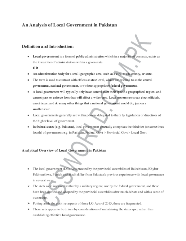 (PDF) An Analysis of Local Government in Pakistan