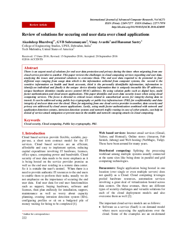 (PDF) Review of solutions for securing end user data over cloud ...