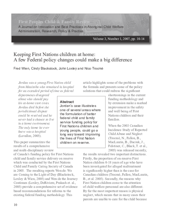 (PDF) Keeping First Nations children at home: A few Federal policy ...